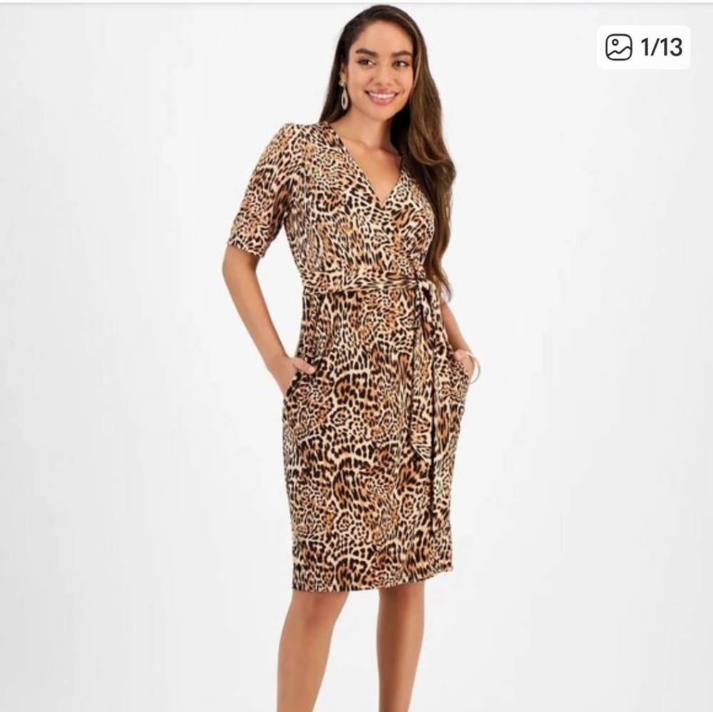 NWT Leopard Print Wrap Midi Dress with Self-Tie Belt in Brown